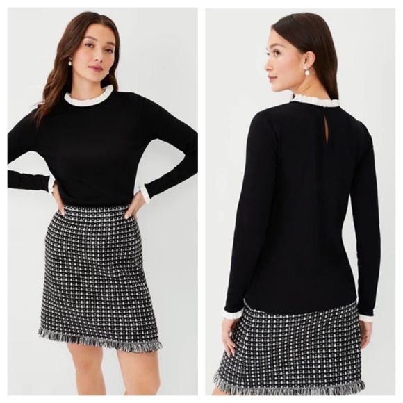 Ann Taylor 2P Black White Ruffle Trim Top - Picture 1 of 3